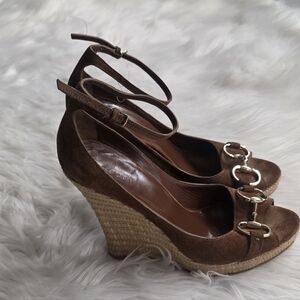 Gucci Horsebit Accent Brown Suede Espadrilles Wedge Sz 8 B